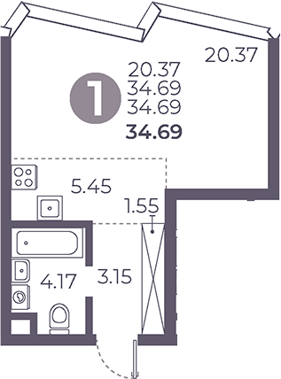 Планировка — Мневники от Гранель, Студия, 35 м²