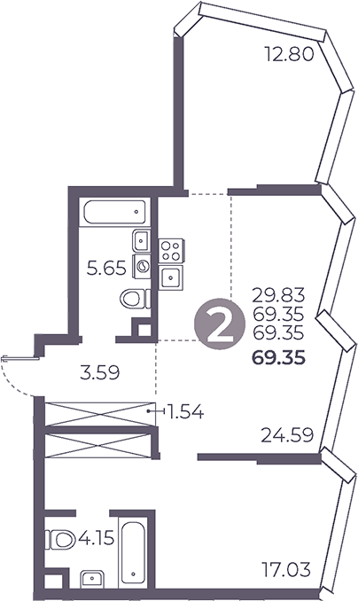 Планировка — Мневники от Гранель, 3-комн., 69 м²