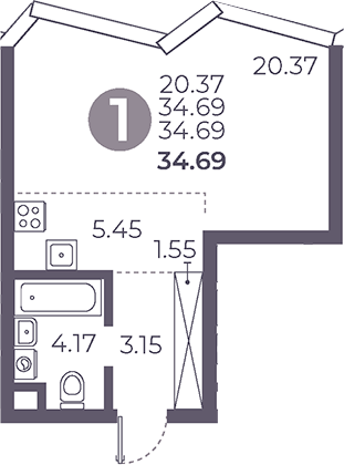 Планировка — Мневники от Гранель, Студия, 35 м²