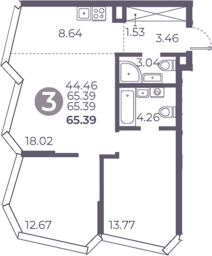 Планировка — Мневники от Гранель, 3-комн., 65 м²