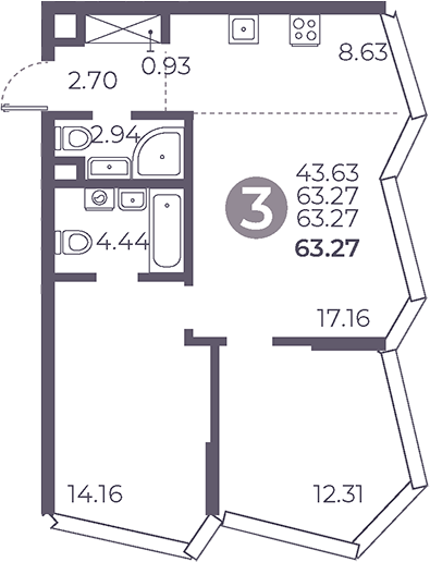 Планировка — Мневники от Гранель, 3-комн., 63 м²