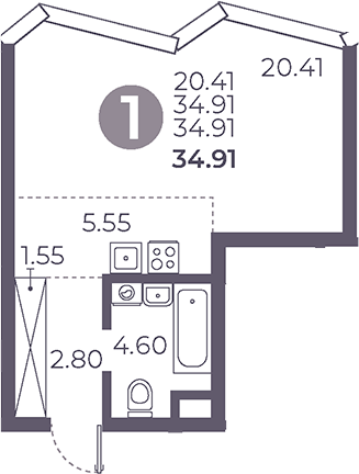 Планировка — Мневники от Гранель, Студия, 35 м²