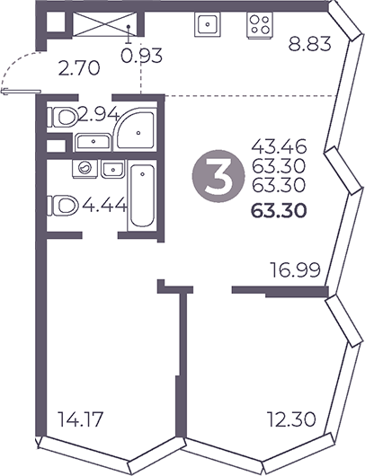 Планировка — Мневники от Гранель, 3-комн., 63 м²