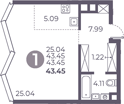 Планировка — Мневники от Гранель, Студия, 43 м²