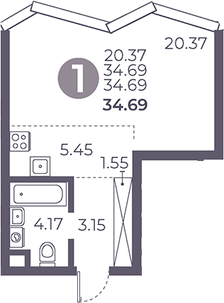 Планировка — Мневники от Гранель, Студия, 35 м²