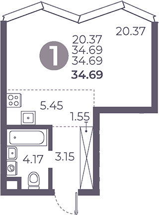 Планировка — Мневники от Гранель, Студия, 35 м²