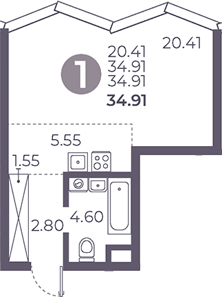 Планировка — Мневники от Гранель, Студия, 35 м²