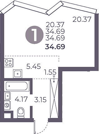 Планировка — Мневники от Гранель, Студия, 35 м²
