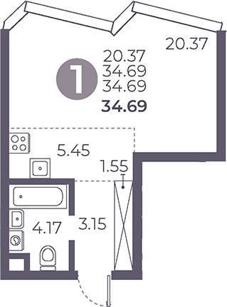 Планировка — Мневники от Гранель, Студия, 35 м²