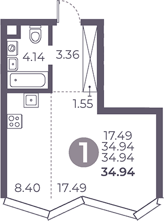 Планировка — Мневники от Гранель, Студия, 35 м²