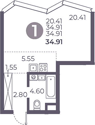 Планировка — Мневники от Гранель, Студия, 35 м²