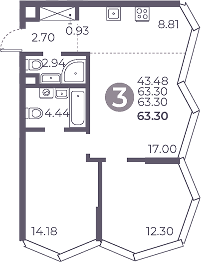 Планировка — Мневники от Гранель, 3-комн., 63 м²