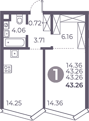 Планировка — Мневники от Гранель, 1-комн., 43 м²