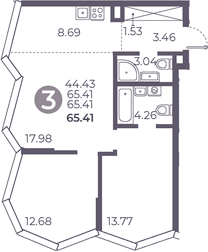 Планировка — Мневники от Гранель, 3-комн., 65 м²