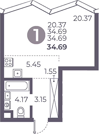 Планировка — Мневники от Гранель, Студия, 35 м²
