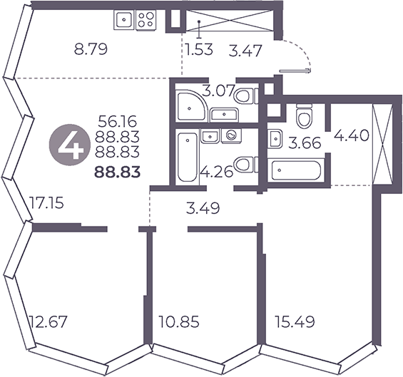 Планировка — Мневники от Гранель, 4-комн., 89 м²