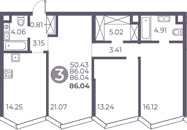 Планировка — Мневники от Гранель, 3-комн., 86 м²