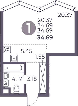 Планировка — Мневники от Гранель, Студия, 35 м²