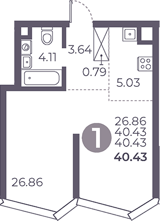 Планировка — Мневники от Гранель, Студия, 40 м²