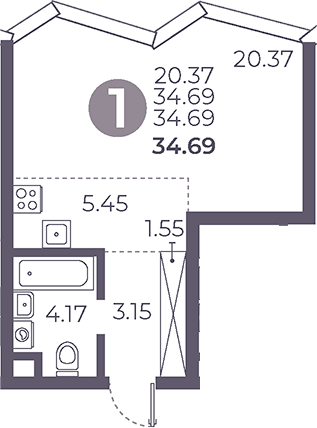Планировка — Мневники от Гранель, Студия, 35 м²