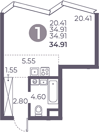 Планировка — Мневники от Гранель, Студия, 35 м²