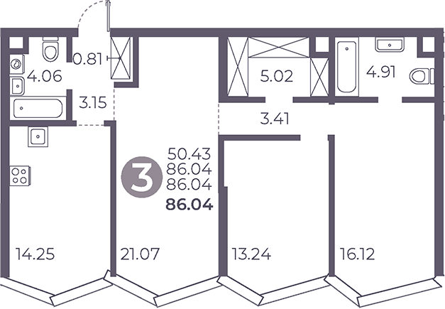 Планировка — Мневники от Гранель, 3-комн., 86 м²