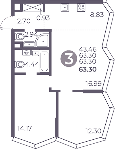 Планировка — Мневники от Гранель, 3-комн., 63 м²