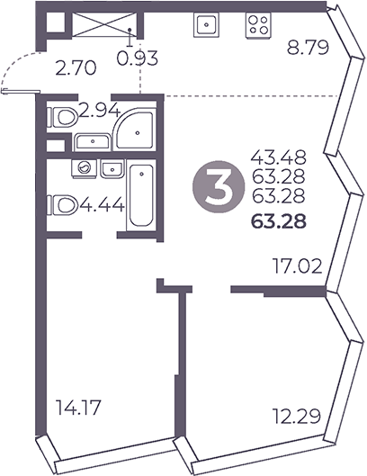 Планировка — Мневники от Гранель, 3-комн., 63 м²