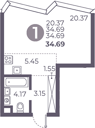Планировка — Мневники от Гранель, Студия, 35 м²