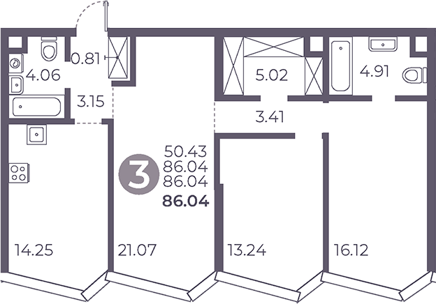 Планировка — Мневники от Гранель, 3-комн., 86 м²