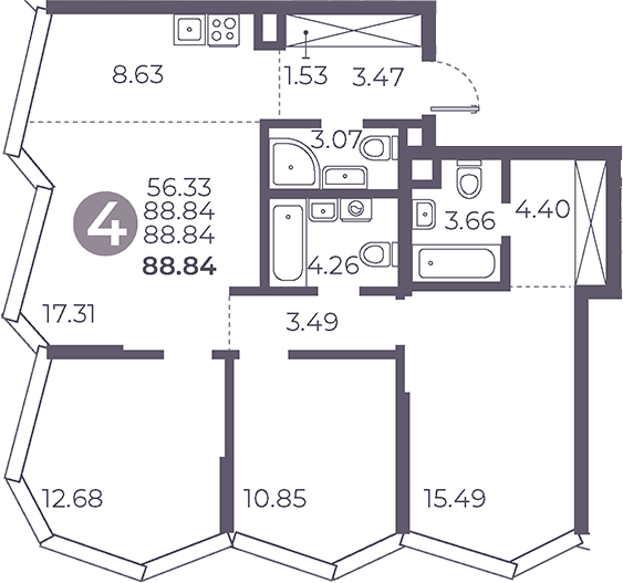 Планировка — Мневники от Гранель, 4-комн., 89 м²
