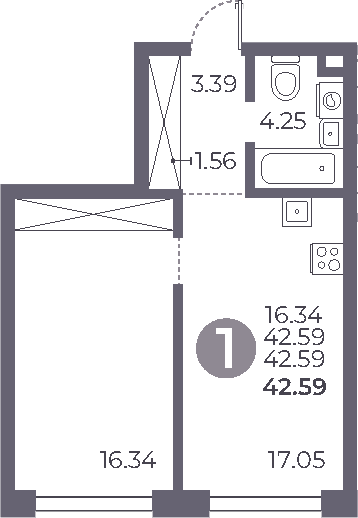 Планировка — Мневники от Гранель, 1-комн., 43 м²