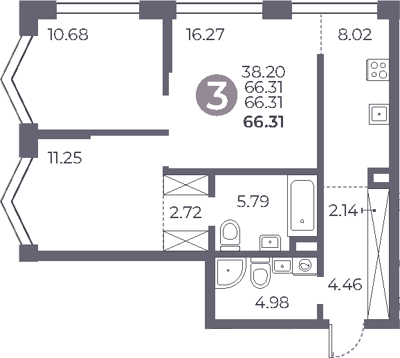 Планировка — Мневники от Гранель, 3-комн., 66 м²