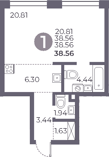 Планировка — Мневники от Гранель, Студия, 39 м²