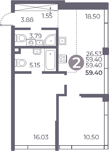 Планировка — Мневники от Гранель, 3-комн., 59 м²