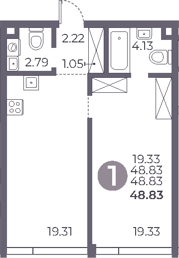 Планировка — Мневники от Гранель, 1-комн., 49 м²