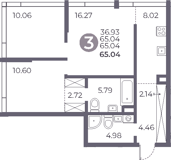 Планировка — Мневники от Гранель, 3-комн., 65 м²