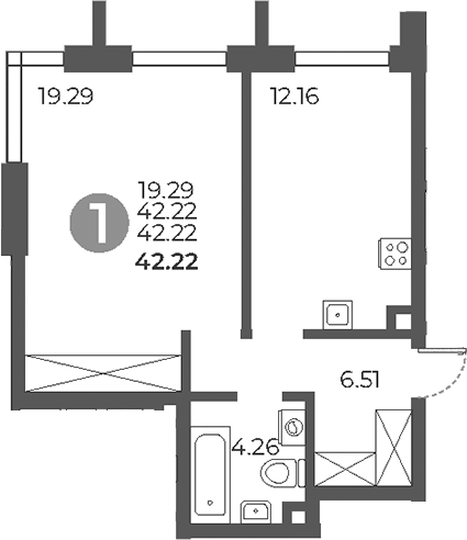Планировка — Дубровка от Гранель, 1-комн., 42 м²