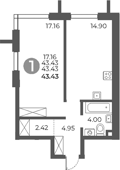 Планировка — Дубровка от Гранель, 1-комн., 43 м²
