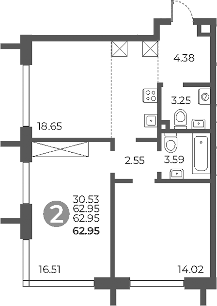 Планировка — Дубровка от Гранель, 3-комн., 63 м²