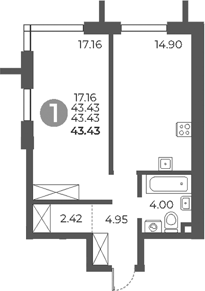 Планировка — Дубровка от Гранель, 1-комн., 43 м²