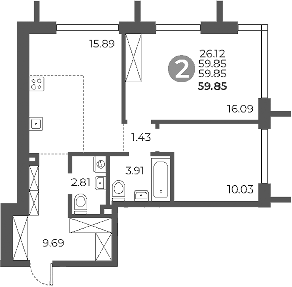 Планировка — Дубровка от Гранель, 3-комн., 60 м²