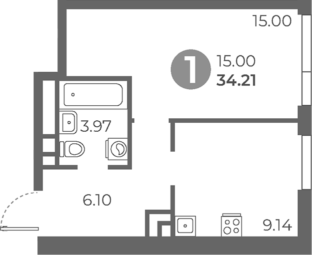 Планировка — Нижегородская от Гранель, 1-комн., 34 м²