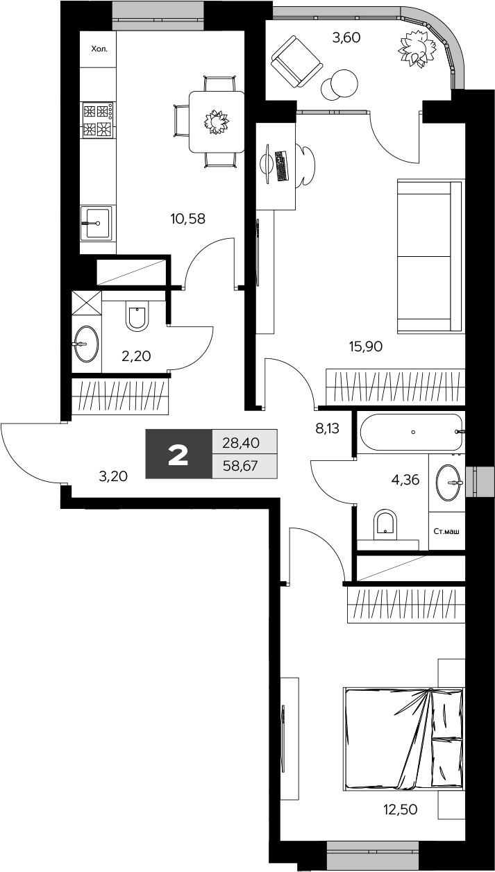 Планировка — Ласточкино, 2-комн., 57 м²