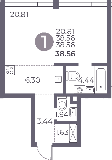 Планировка — Мневники от Гранель, Студия, 39 м²