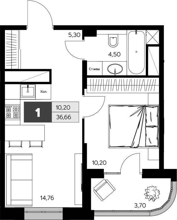 Планировка — Ласточкино, 1-комн., 35 м²