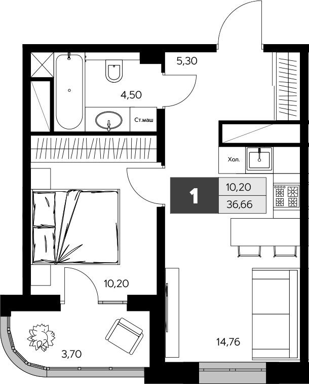 Планировка — Ласточкино, 1-комн., 35 м²