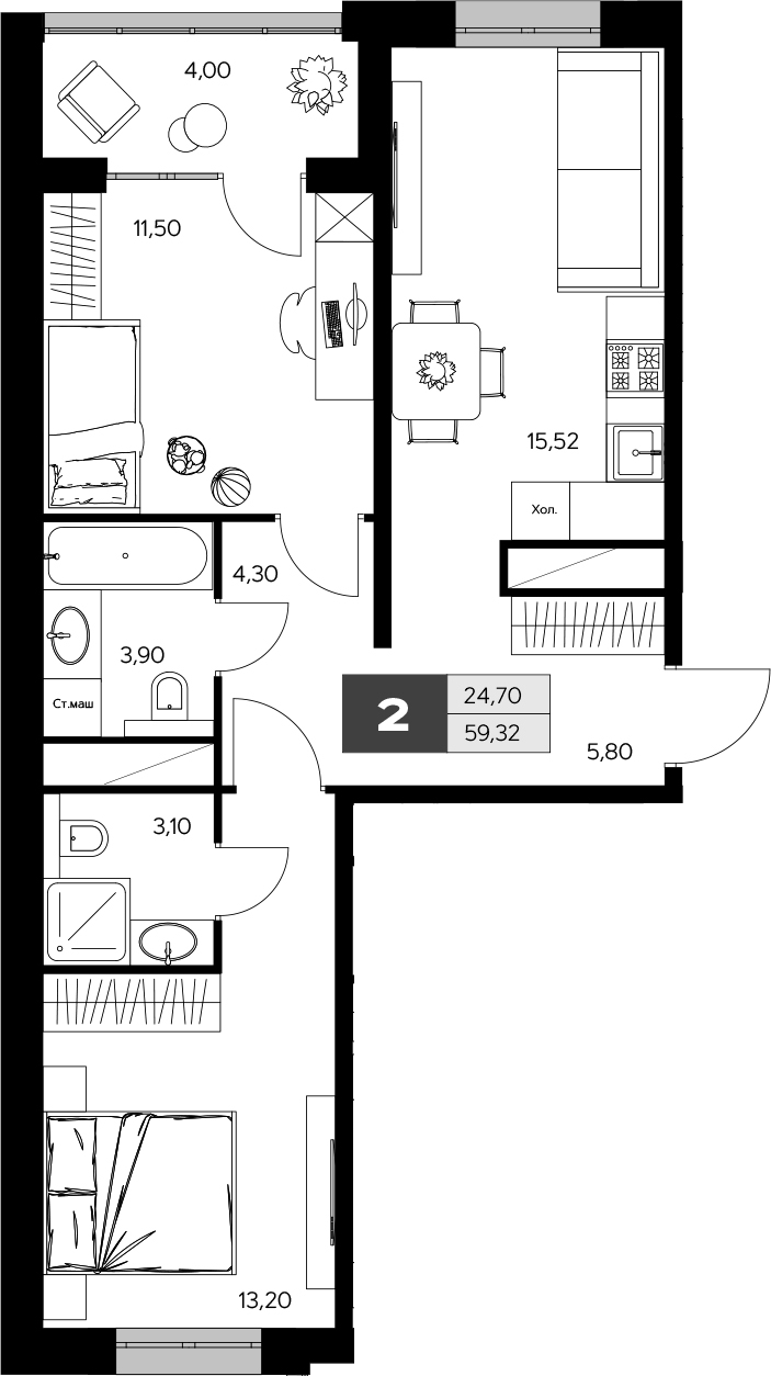 Планировка — Ласточкино, 2-комн., 57 м²