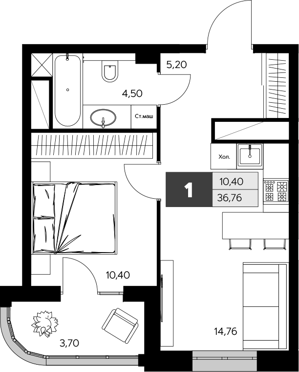 Планировка — Ласточкино, 1-комн., 35 м²