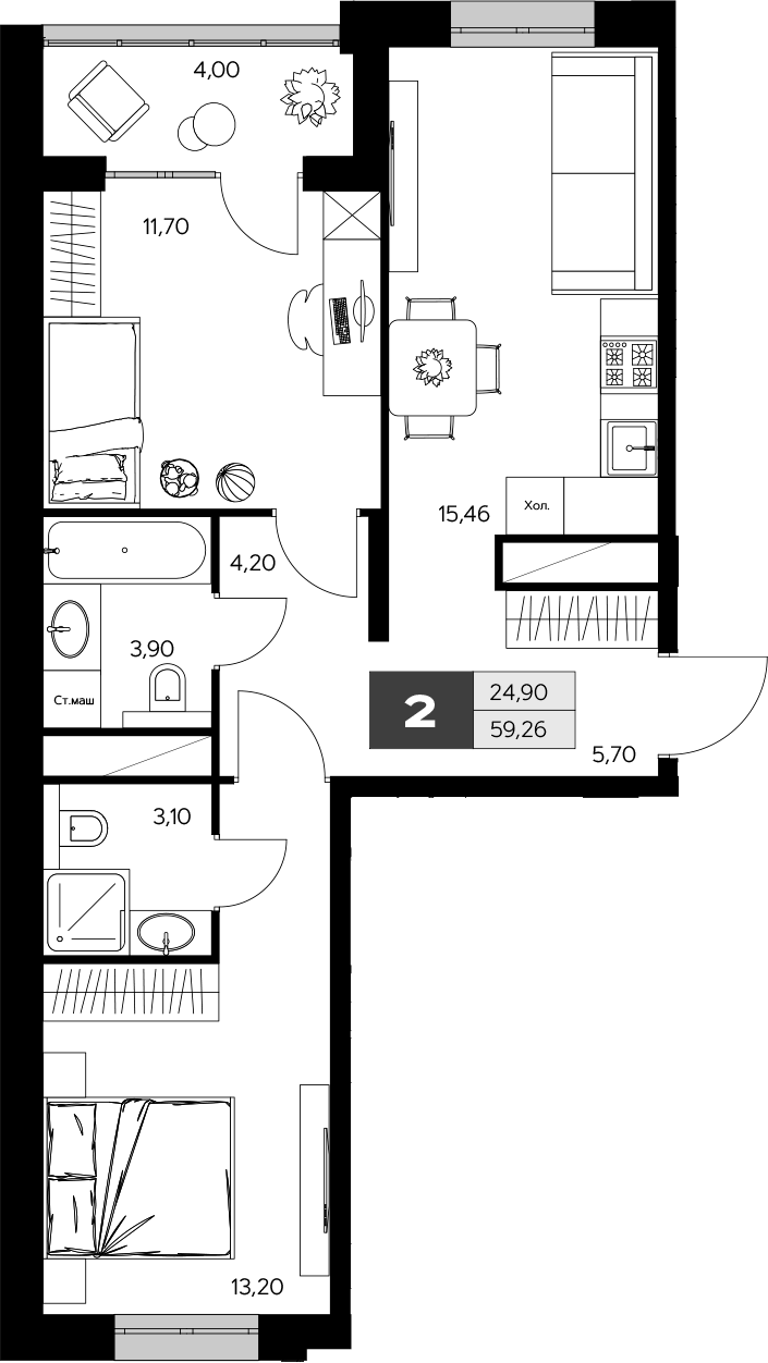 Планировка — Ласточкино, 2-комн., 57 м²